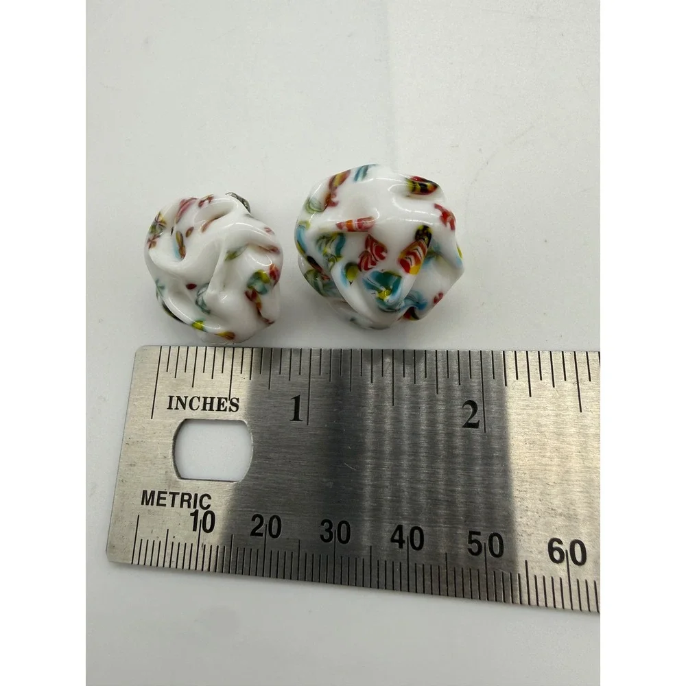 Vintage Japan Milk Glass Confetti Millefiori Clip On Earrings Multi Color White